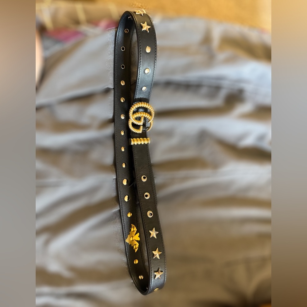 Gucci Black and Gold Star/Bats-Studded Belt
